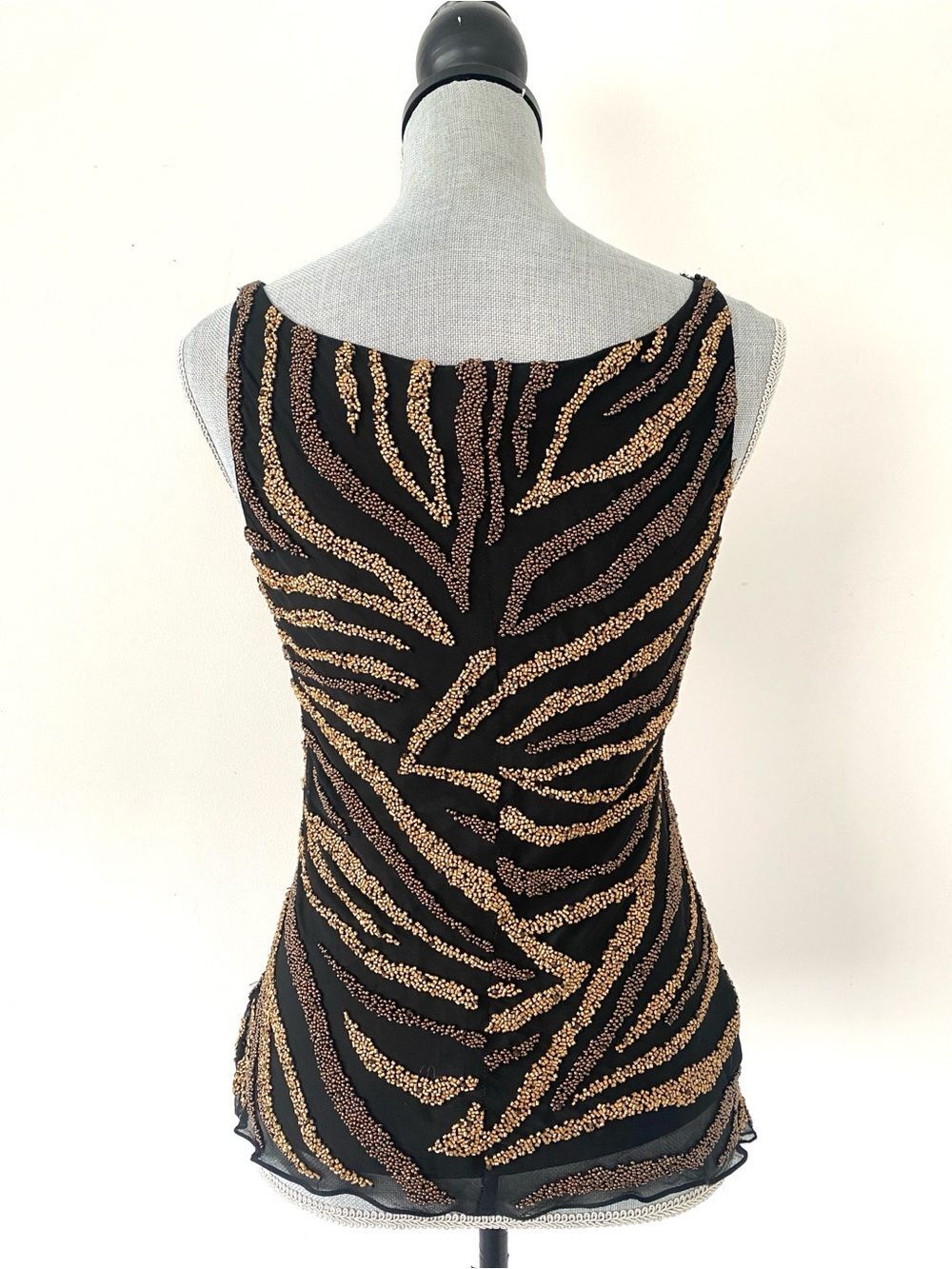VTG Cache Black & Metallic Gold Fully Beaded Animal Print Sleeveless Blouse Sz S - Picture 5 of 13